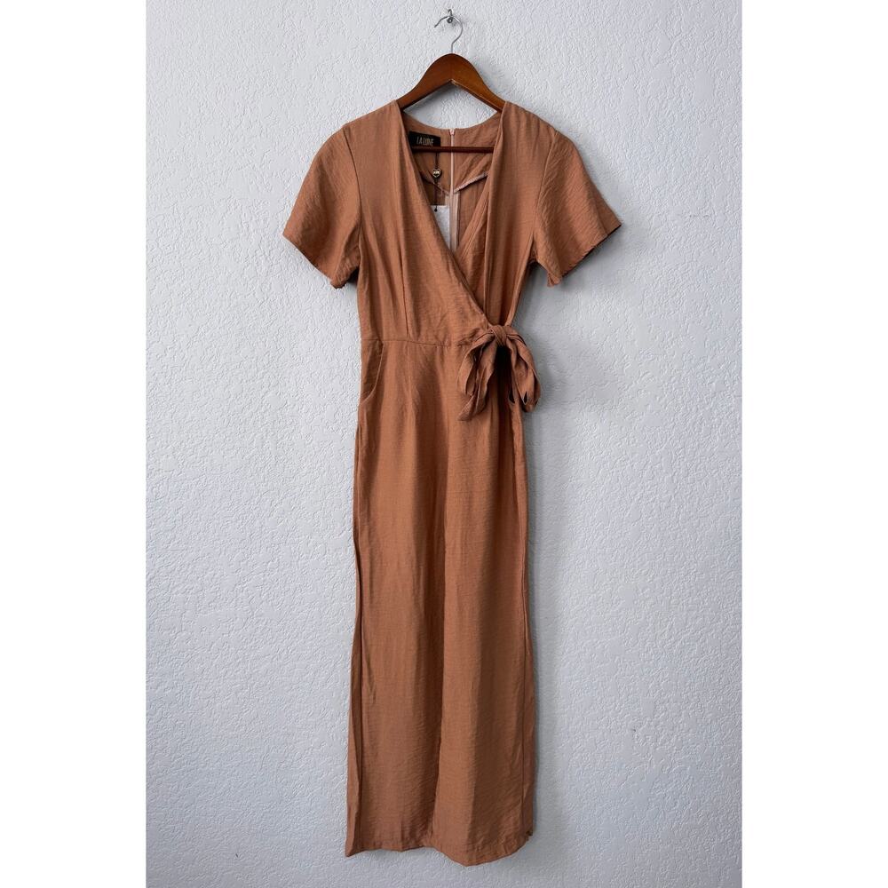 la lune brown short sleeved faux wrap pants romper size small